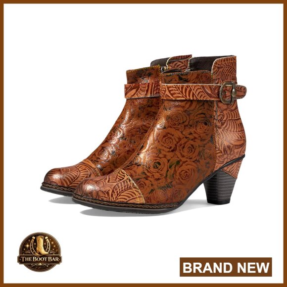 Leather Suede Boho Booties Floral Embossed Vintage Belt Buckle Ankle Boots - Picture 1 of 5